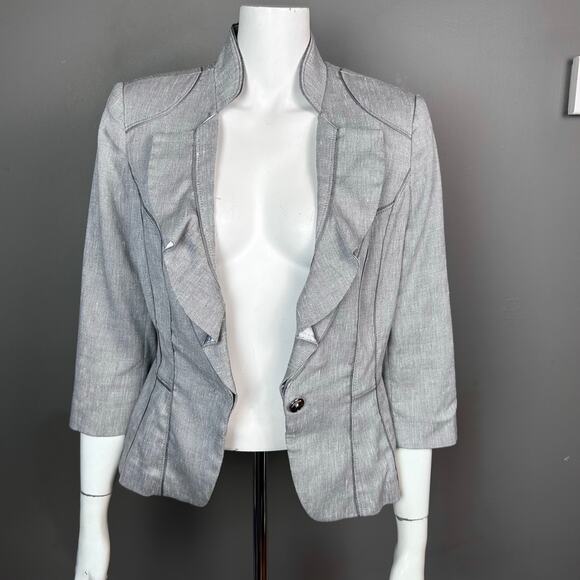 White House Black Market Blazer Jacket size 8 linen ruffle gray feminine office - Picture 8 of 11